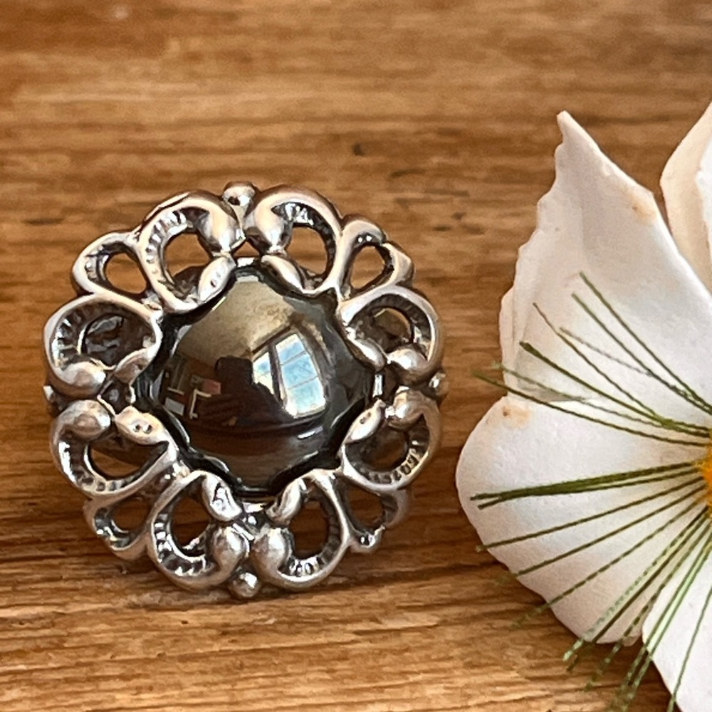 VTG 925 Israel Hematite Ring Size 9 Ornate Filigree Sterling Silver